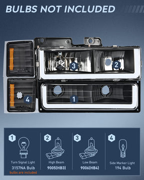 1994-1998 Chevy Silverado 1500 2500 3500 Headlight Assembly Black Case Amber Reflector Nilight