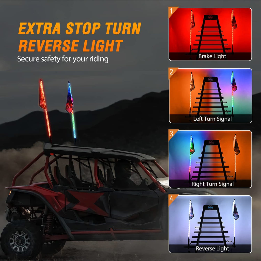 LED Whip Light Nilight 2PCS 5FT RGB LED Whip Light, Remote & App Control w/ DIY Chasing Patterns Stop Turn Reverse Light Safety Antenna Lighted Whips for ATV UTV Polaris RZR Can-am Dune Buggy Jeep, 2 Year Warranty