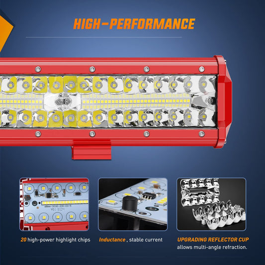 12" 300W Triple Row Red Case Spot/Flood LED Light Bars | 16AWG Wire 3Pin Switch Nilight