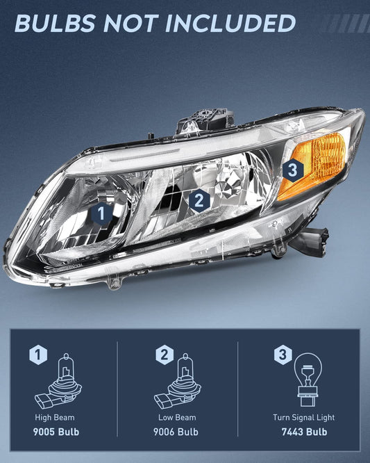 2012-2015 Honda Civic Sedan 4-Door 2012-2013 Civic Coupe 2-Door Headlight Assembly Black Case Amber Reflector Nilight