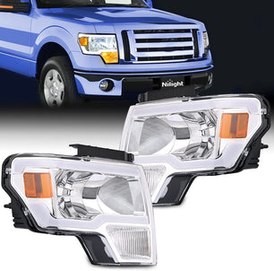 2009-2014 Ford F150 Headlight Assembly Chrome Case Clear Reflector Clear Lens Nilight