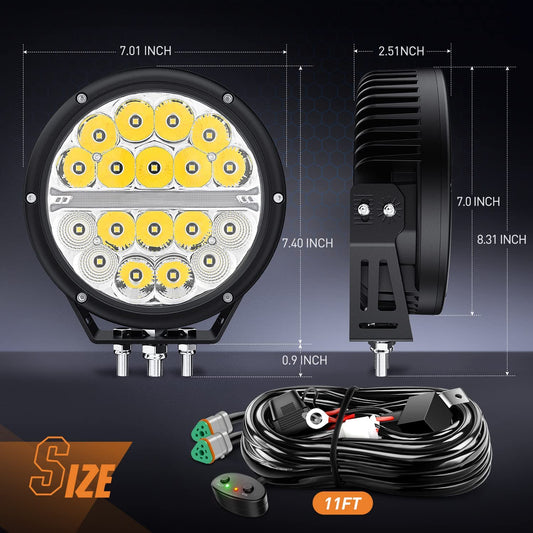 7" 90W 9850LM Round Spot/Flood Built-in EMC DRL LED Work Lights (Pair) | 12AWG DT Wire Nilight