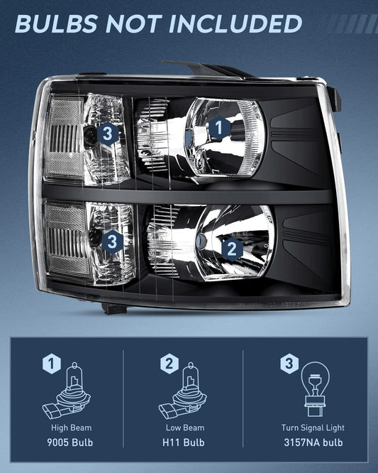 2007-2013 Chevy Silverado 1500 2007-2014 Silverado 2500HD 3500HD Headlight Assembly Black Case Clear Reflector Nilight