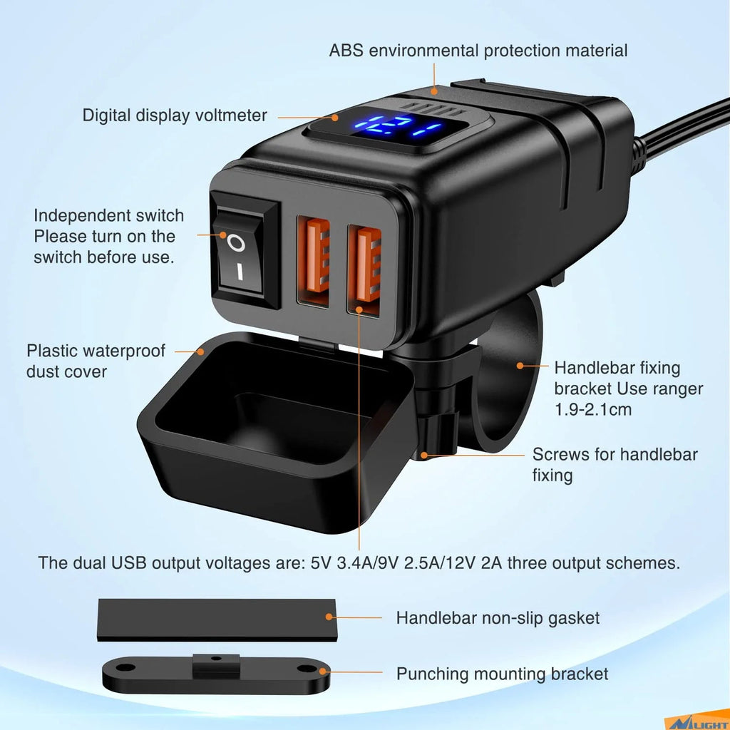Dual Ports Adapter USB Charger with Waterproof Voltage Digital Display  Motorbike Electronics Accessories Phone Charging Adapter