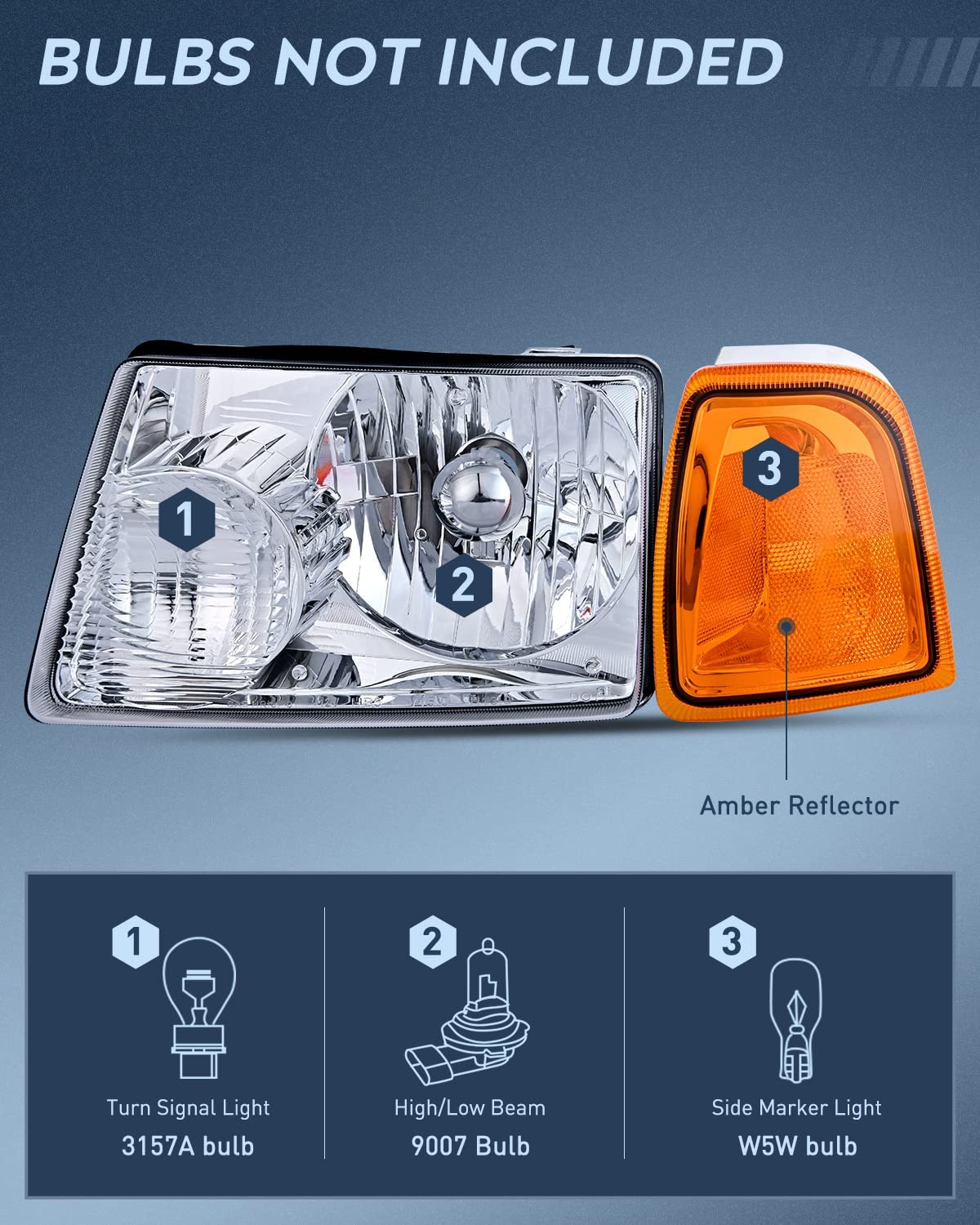 2001-2011 Ford Ranger Headlight Assembly Chrome Case Amber Reflector Nilight