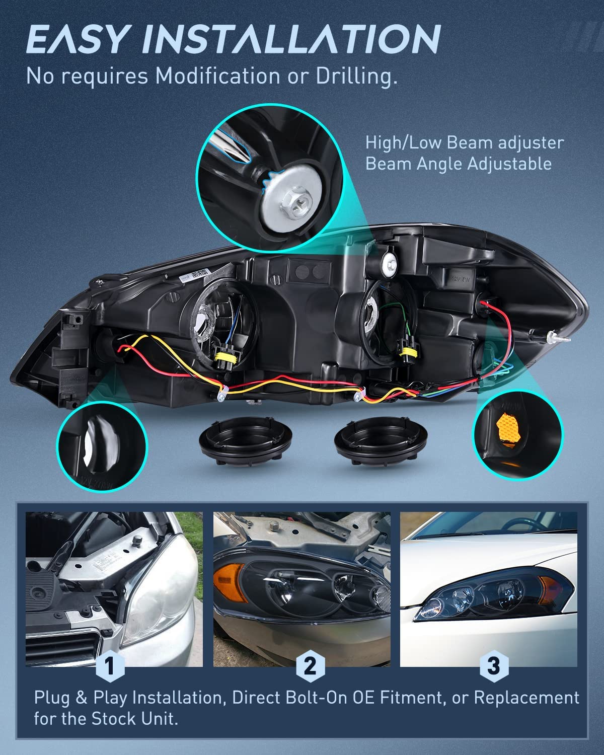 2006-2013 Chevrolet Impala 2014-2016 Impala Limited 2006 2007 Monte Carlo Headlight Assembly Black Case Amber Reflector Nilight