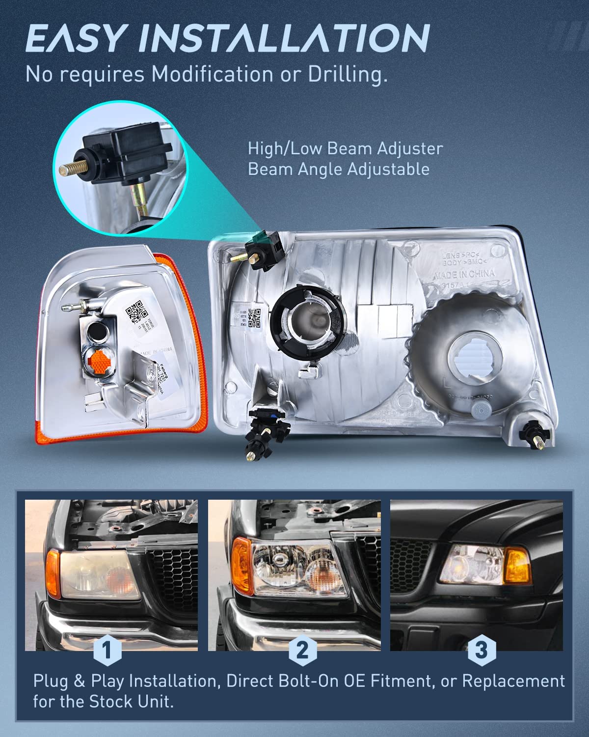 2001-2011 Ford Ranger Headlight Assembly Chrome Case Amber Reflector Nilight