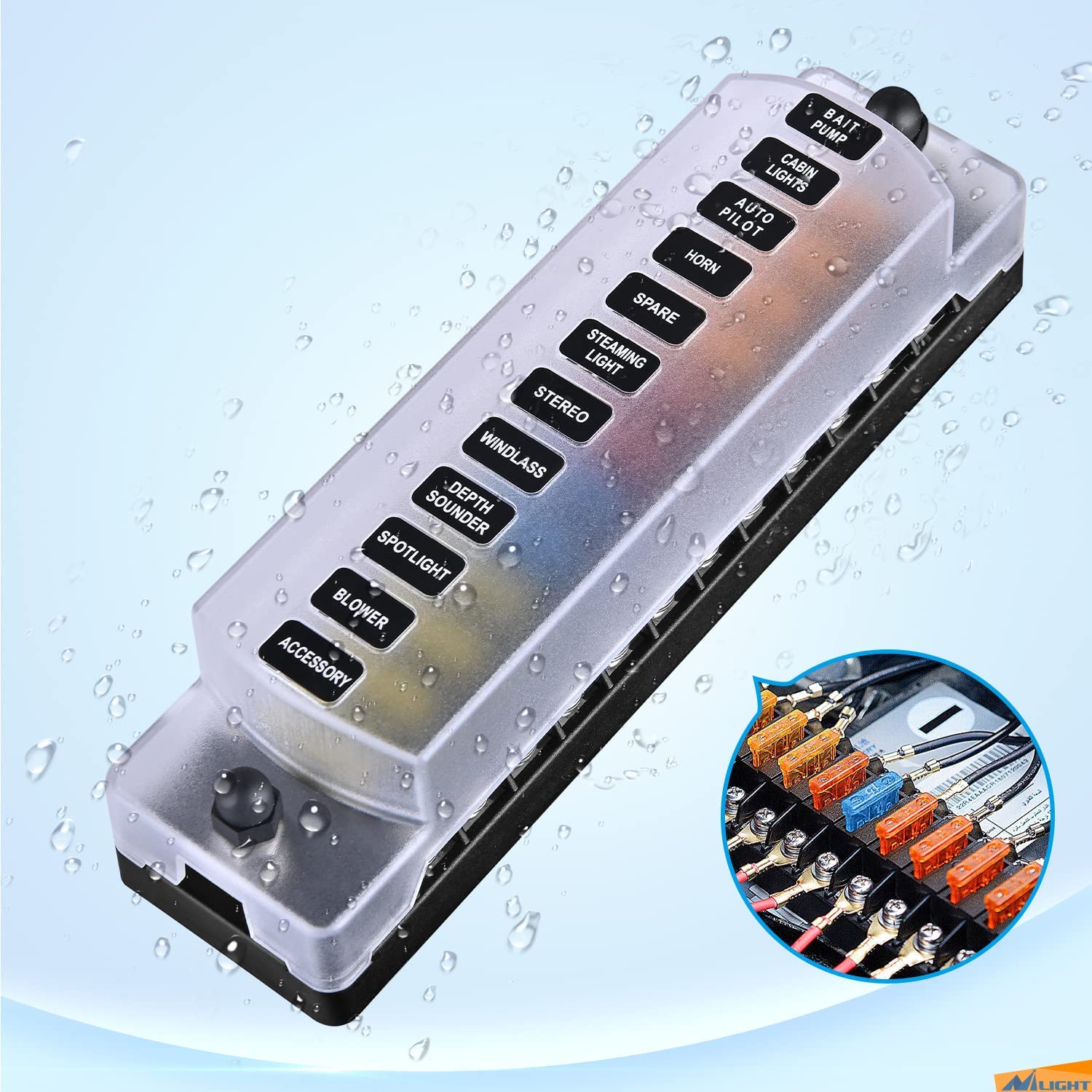 12 Way Fuse Block with Negative Bus 12V Blade Fuse Holder ATC/ATO Standard Fuse Box Label Stickers Waterproof Cover Fuse Panel Nilight
