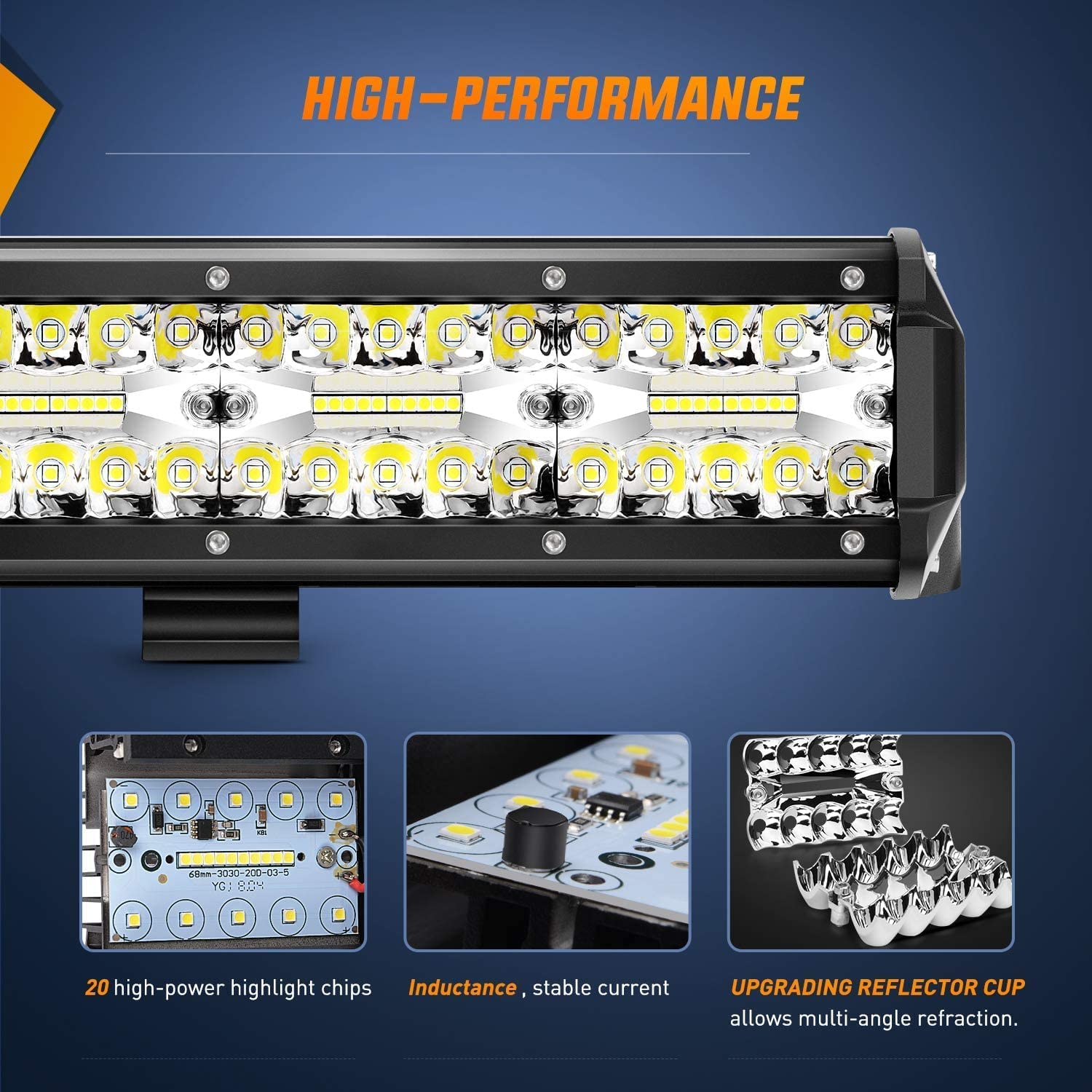 20" 420W 42000LM Triple Row Spot/Flood LED Light Bar | Horizontal Bar Clamp Mount | 16AWG Wire 3Pin Switch Nilight