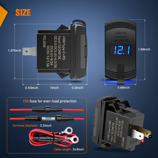 Blue Rocker Switch Style Charger PD Type C QC 3.0 USB Nilight