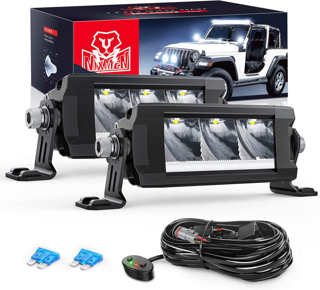Motor Vehicle Lighting Nilight 5.3Inch Single Row LED Light Bar 2PCS 15W 1680LM Anti-Glare Spot DRL Offroad Slim Driving Light Bar IP68 w/ 16AWG DT Wiring Kit for Pickup Truck SUV ATV UTV Boat 4x4 Jeep, 5 Years Warranty