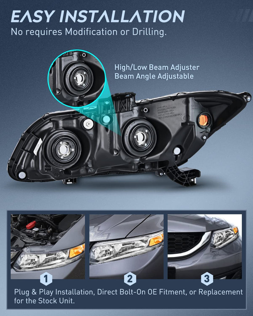 Motor Vehicle Lighting Nilight Headlights Assembly for 2012 2013 2014 2015 Honda Civic Sedan 4-Door 12 13 Civic Coupe 2-Door Black Housing Amber Reflector, 2 Years Warranty
