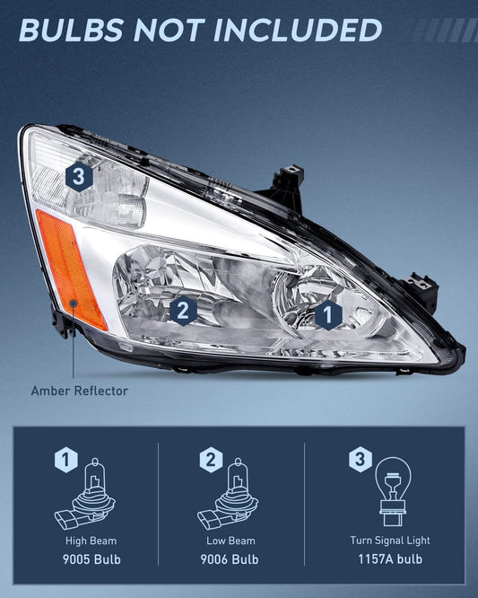 2003-2007 Honda Accord Headlight Assembly Chrome Case Amber Reflector Nilight