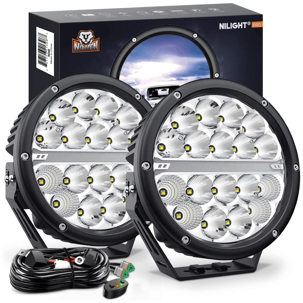 LED Work Light Nilight 7 Inch Round LED Offroad Driving Lights with DRL 2PCS 90W 9850LM IP68 Spot Flood Combo Work Light with 12AWG DT Connector Wiring Harness Kit for 4x4 Truck ATV UTV SUV, 5 Year Warranty