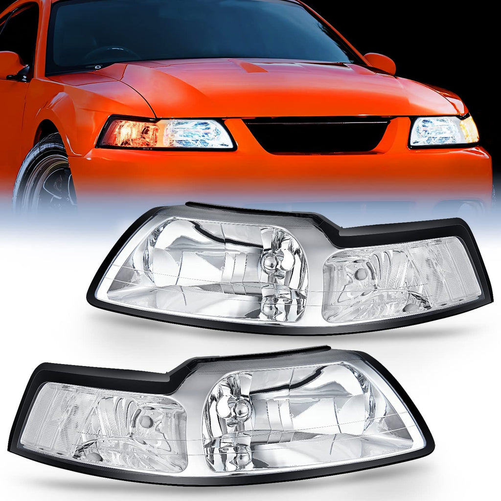 LED Headlight Nilight Headlight Assembly for 1999 2000 2001 2002 2003 2004 Ford Mustang Headlamps Replacement Chrome Housing Clear Reflector Driver and Passenger Side, 2 Years Warranty