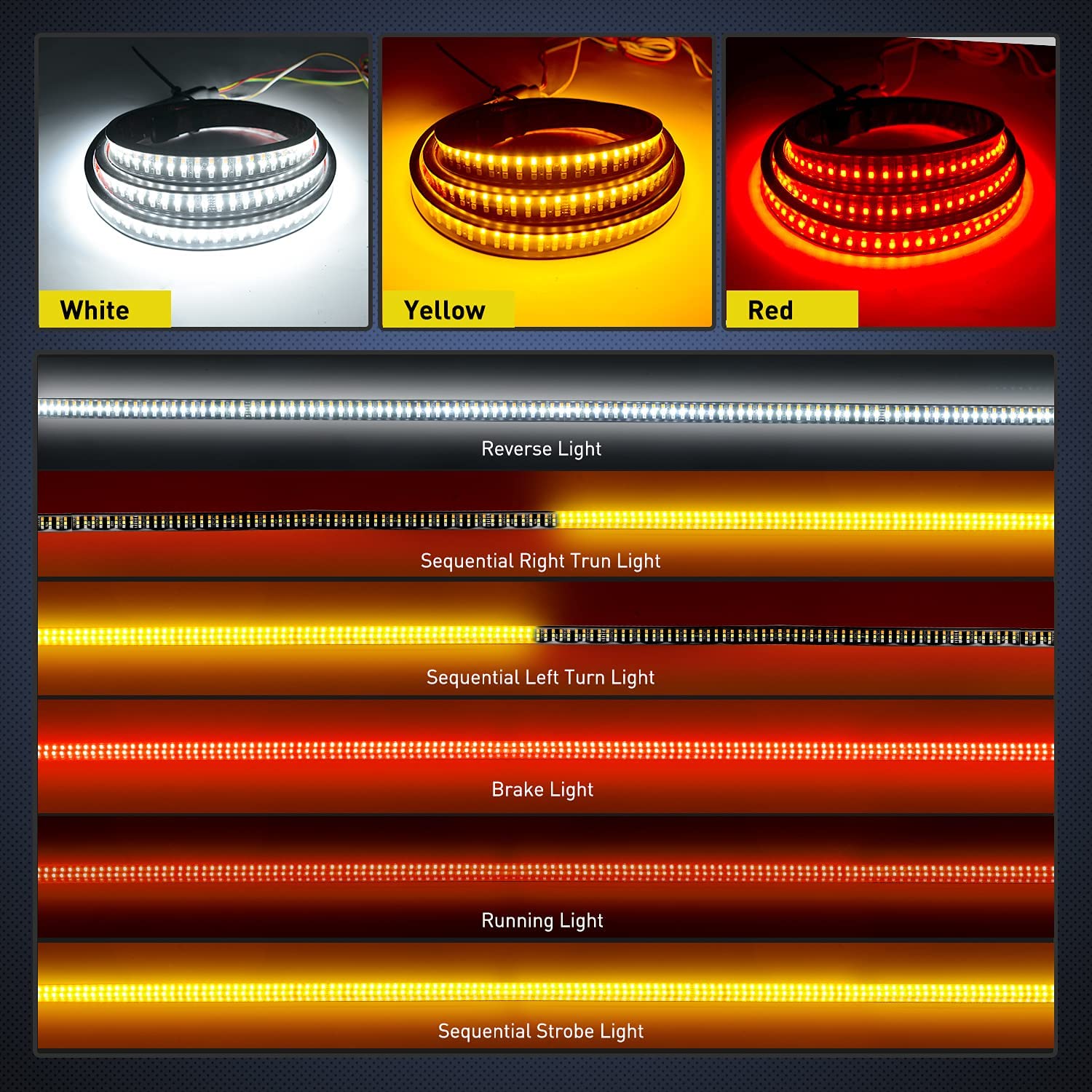 60” 504Leds Amber Red White Triple Row LED Tailgate Light Strip Nilight