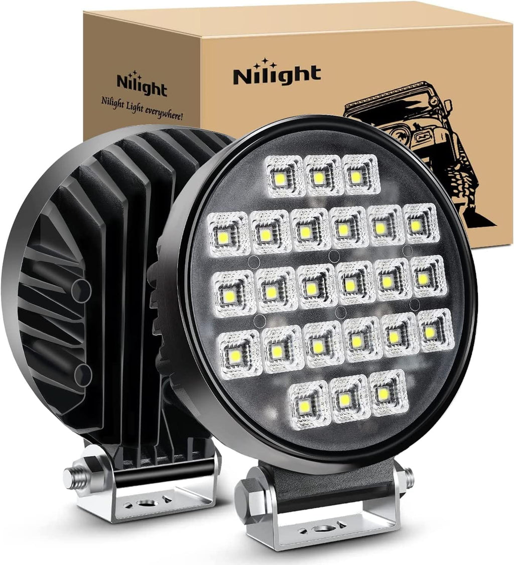 LED Work Light Nilight 4.3Inch Round Utility LED Work Light W/ Integrated Toggle Switch, 2PCS 72W 5760LM 150° Flood Lamp for Offroad Heavy Equipment Vehicles Truck Tractor Golf cart Boat ATV UTV, 2 Year Warranty