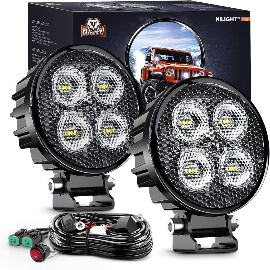 LED Work Light Nilight 2PCS 3Inch Led Pods Round 1500LM Built-in EMC Work Light 90° Flood Beam Angle for Offroad Lights Side Light w/ 16AWG DT Wiring Kit for Tractor Truck Boat ATV UTV, 5 Years Warranty