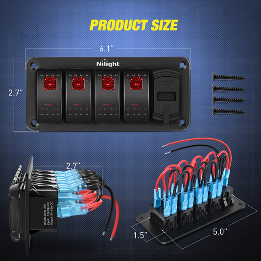 4Gang Aluminum 5Pin ON/Off Red Rocker Switch Panel w/ 4.8 Amp Dual USB Charger Voltmeter Nilight