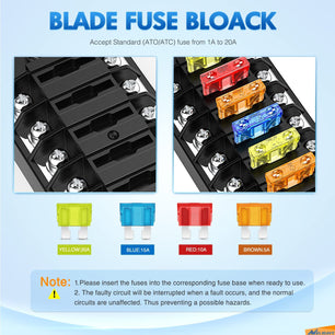 12 Way Fuse Block with Negative Bus 12V Blade Fuse Holder ATC/ATO Standard Fuse Box Label Stickers Waterproof Cover Fuse Panel Nilight