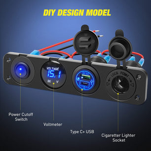 4 in 1 ON/OFF Blue Charger Socket Panel w/ PD Type C QC 3.0 USB Voltmeter Cigarette Nilight
