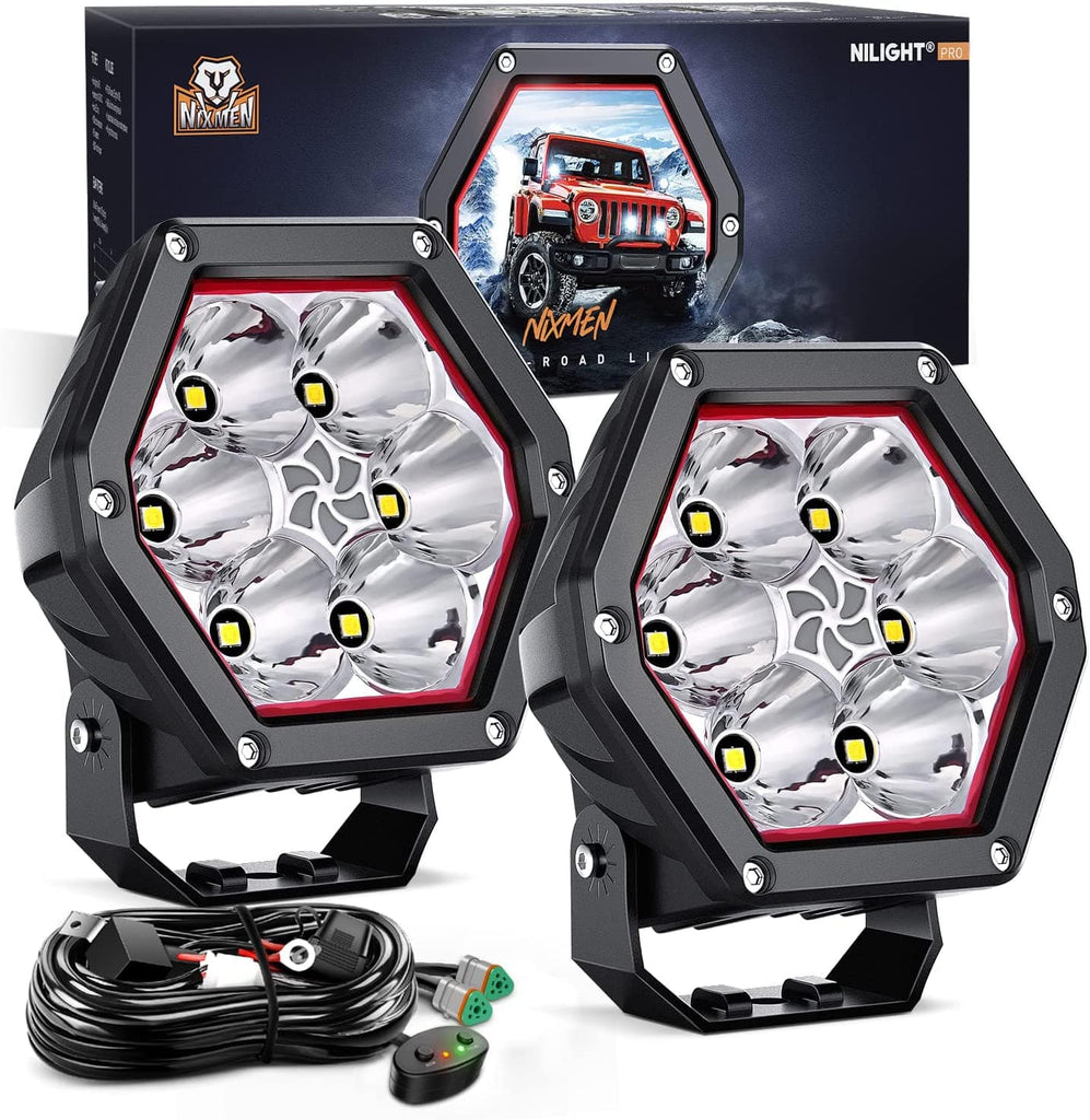 LED Work Light Nilight 4 Inch Hexagon LED Pod Lights with DRL 30W 2600LM 10°Super Spot Light 16AWG Wiring Harness Kit for Auxiliary Offroad LED Driving Work Lights for Truck UTV ATV SUV 4x4, 5 Years Warranty