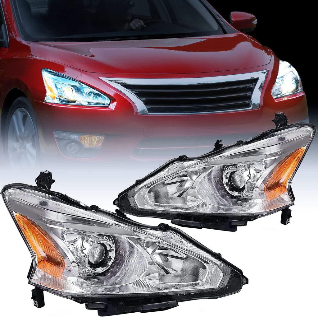 Motor Vehicle Lighting Nilight Headlight Assembly for 2013 2014 2015 Altima 4 Door Sedan Advance Base Exclusive SL S SV Sense Sedan 4 Door Replacement Headlamp Clear Projector Chrome Housing Amber Reflector,2 Years Warranty