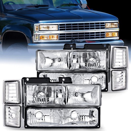 1994-1998 Chevy Silverado Tahoe Suburban C10 C/K 1500 2500 3500 Headlight Assembly Chrome Case Clear Reflector Nilight
