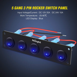 5Gang 3Pin Rocker Switch Panel Blue Nilight