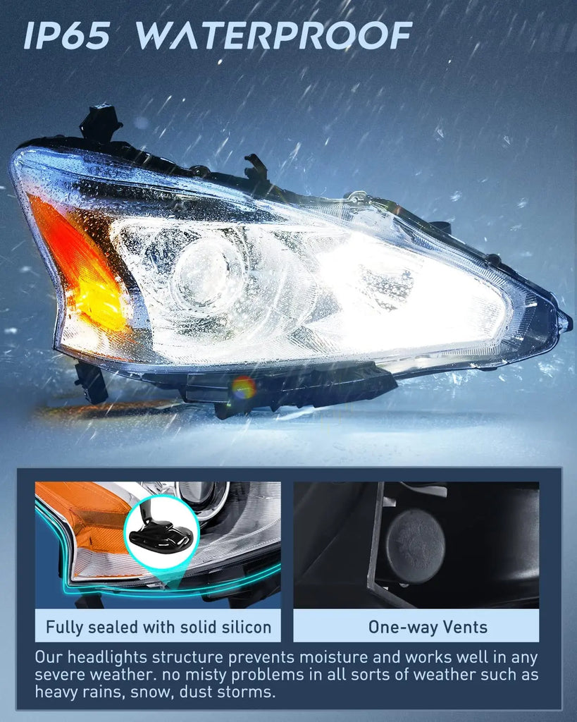 Motor Vehicle Lighting Nilight Headlight Assembly for 2013 2014 2015 Altima 4 Door Sedan Advance Base Exclusive SL S SV Sense Sedan 4 Door Replacement Headlamp Clear Projector Chrome Housing Amber Reflector,2 Years Warranty