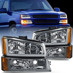 2003 2004 2005 2006 2007 Chevy Silverado Avalanche 1500 2500 3500 Headlight Assembly Smoke Chrome Case Amber Reflector DRL