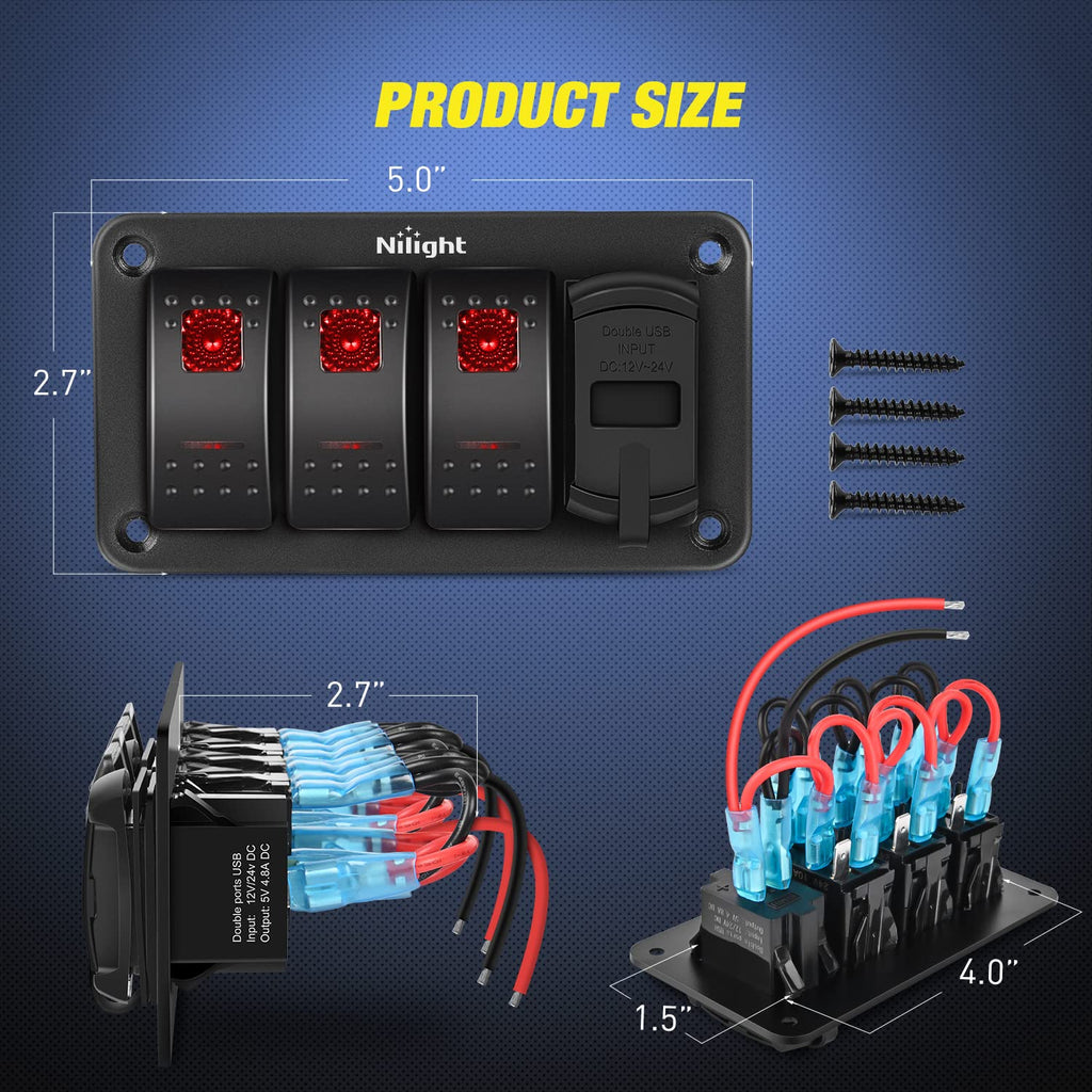 Rocker Switch Nilight 3 Gang Rocker Switch Panel Red Backlit with 4.8 Amp Dual USB Charger Voltmeter Waterproof 12V 24V DC Rocker Switch with Night Glow Stickers for Cars Trucks Boats RVs, 2 Years Warranty