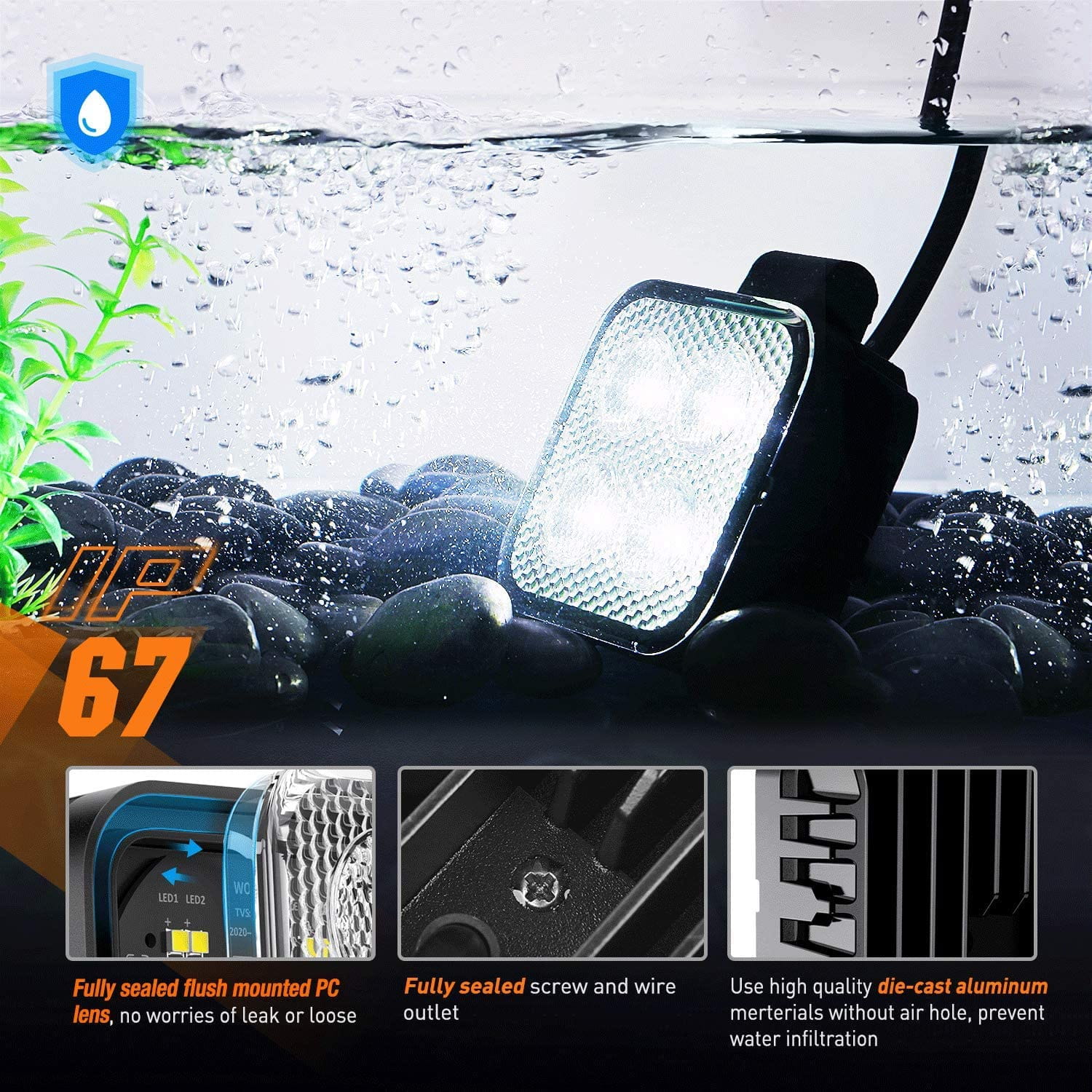 3" 12W 1500LM Square Flood Built-in EMC LED Work Lights (Pair) | 16AWG DT Wire Nilight