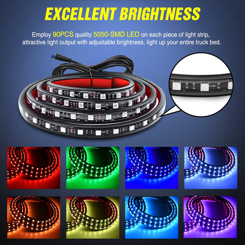 Led light Strip Nilight 3PCS 60 Inch RGB Truck Bed Light Strip Kit 270 LED Neon Accent Lights with RF Remote On Off Switch Splitter Extension Cable for Cargo Pickup Truck Camper RV SUV Boat, 2 Years Warranty