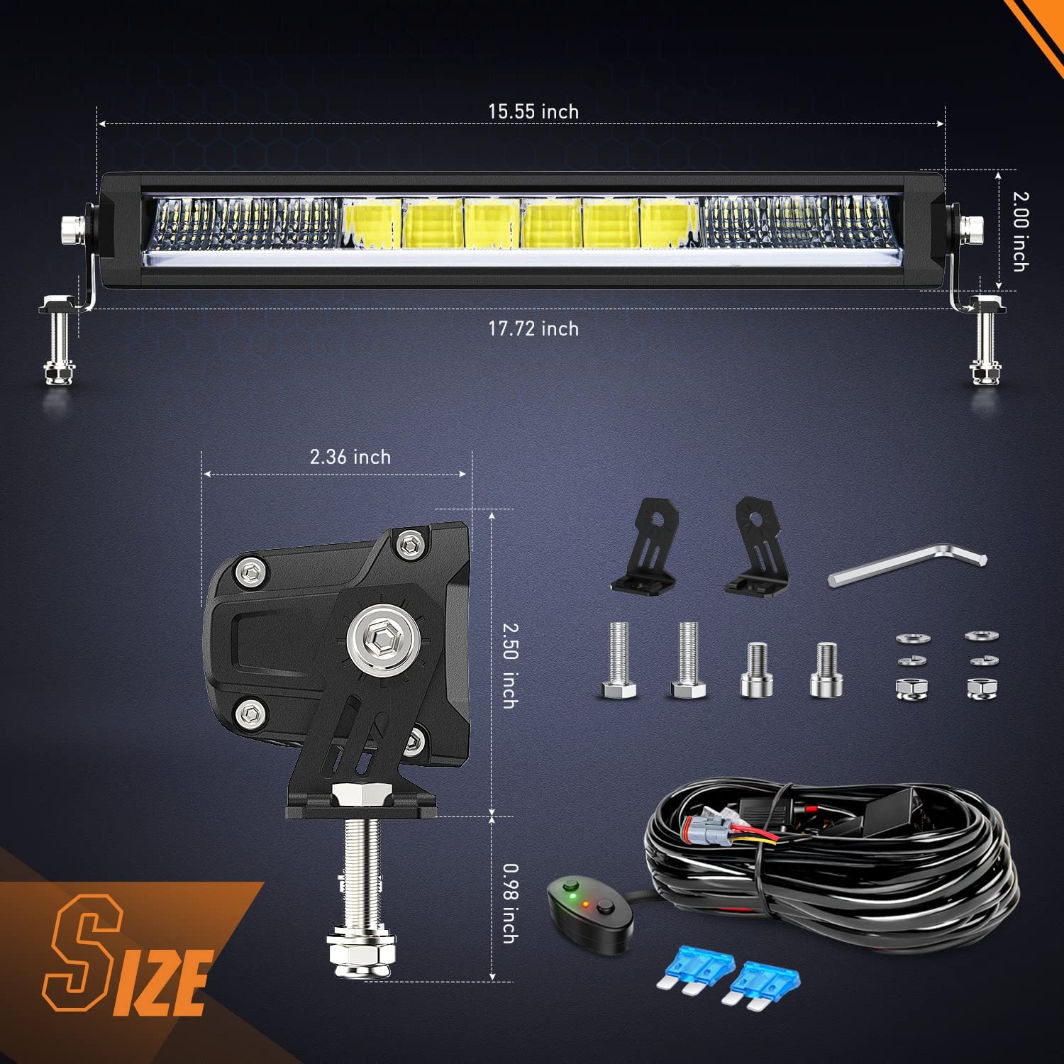 15.5" 60W 6650LM Slim Spot/Flood DRL LED Light Bar Kit | 16AWG Wire DT Switch Nilight