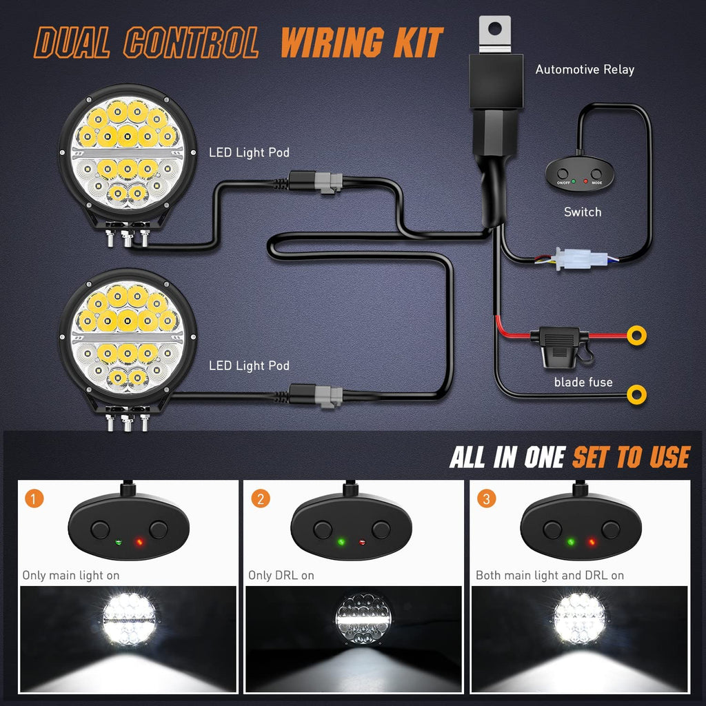 7" 90W 9850LM Round Spot/Flood Built-in EMC DRL LED Work Lights (Pair) | 12AWG DT Wire Nilight