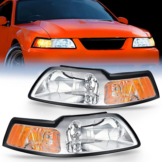 1999-2004 Ford Mustang Headlight Assembly Chrome Case Amber Reflector Nilight