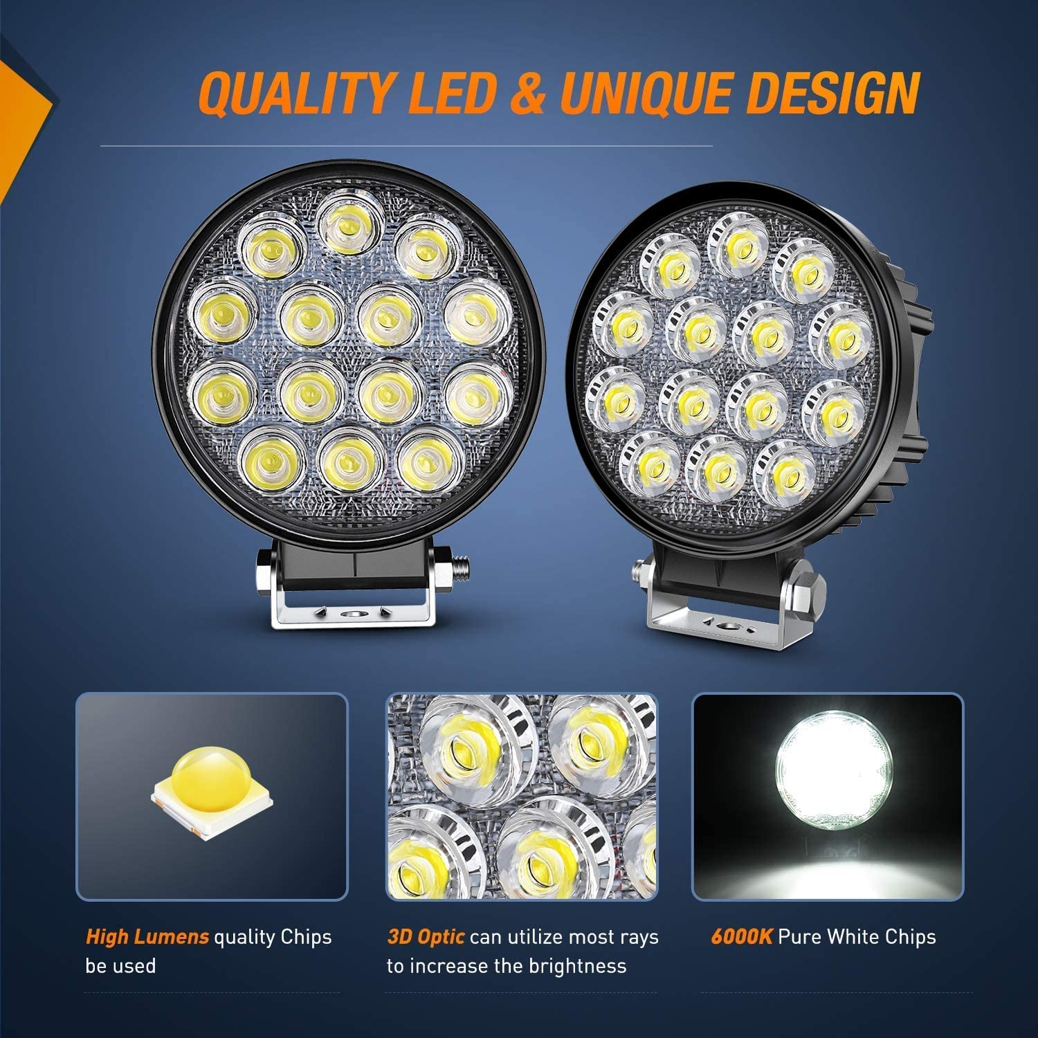 4.5" 42W 4200LM Round Flood LED Work Lights (Pair) | 16AWG Wire 3Pin Switch Nilight