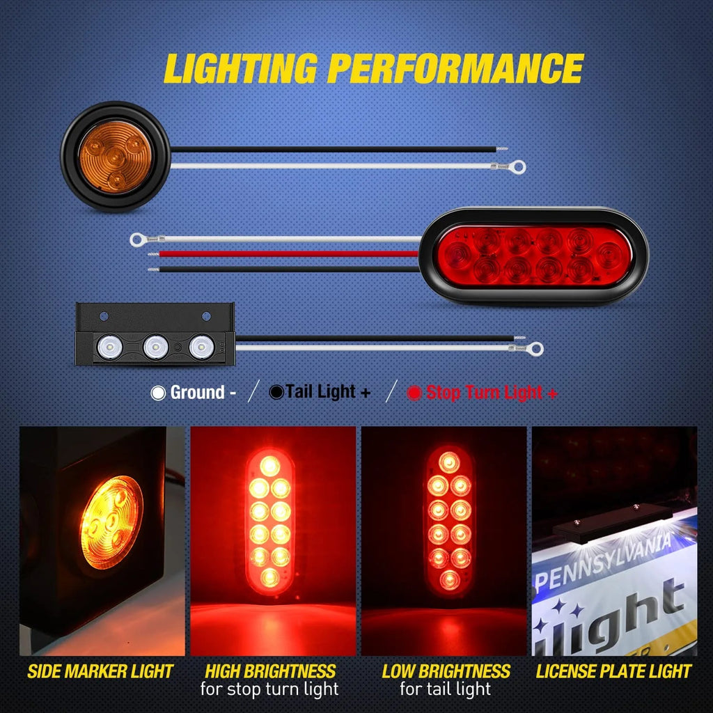 Trailer Light Nilight 2PCS Steel Trailer Light Boxes Housing Kit w/ 3LED License Plate Light 6Inch Oval Red Trailer Tail Lights 2 Inch Round Amber Side Marker Lights w/Grommet Plugs, 2 Years Warranty