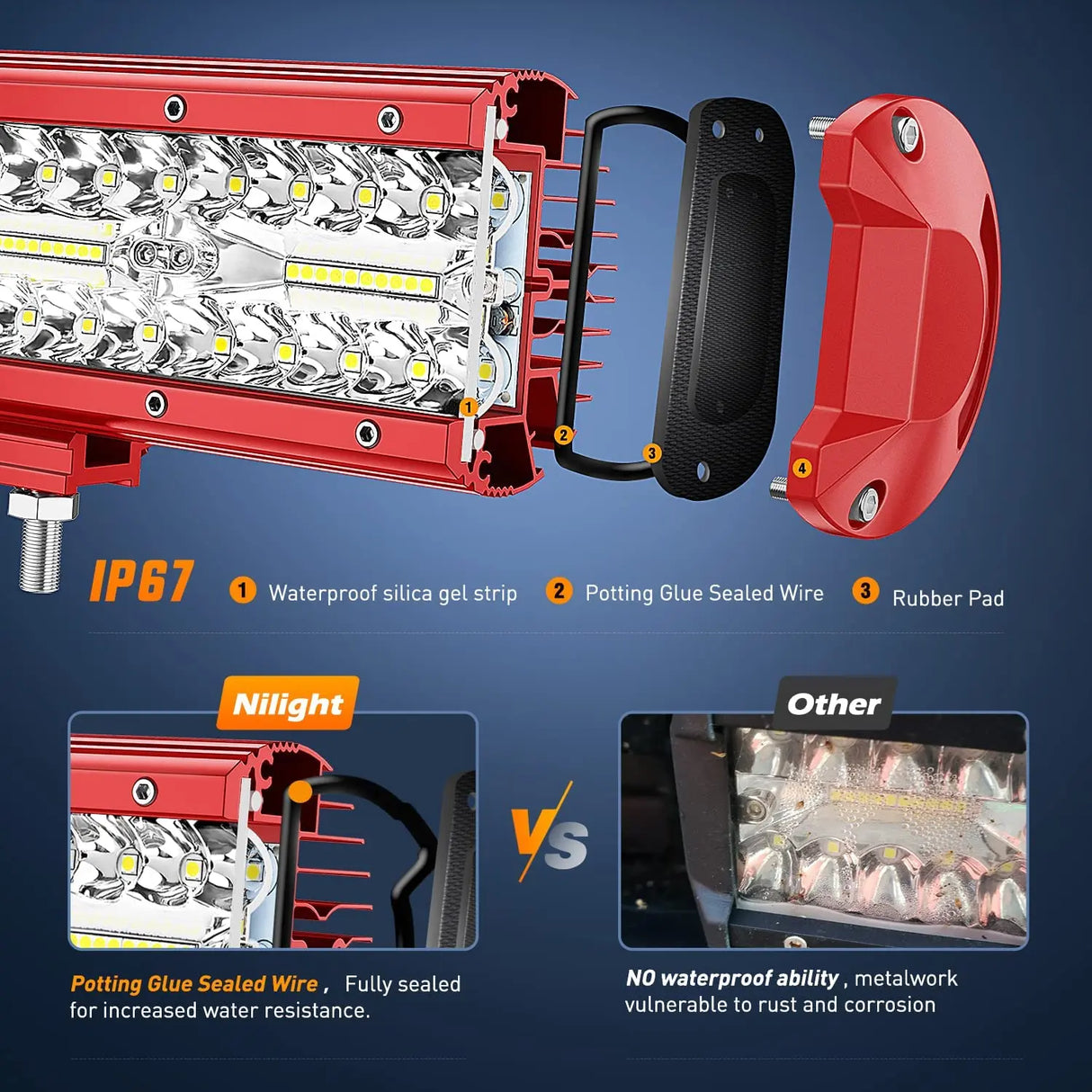 6.5" 120W Triple Row Red Case Spot/Flood LED Light Bars (Pair) | 16AWG Wire 3Pin Switch Nilight