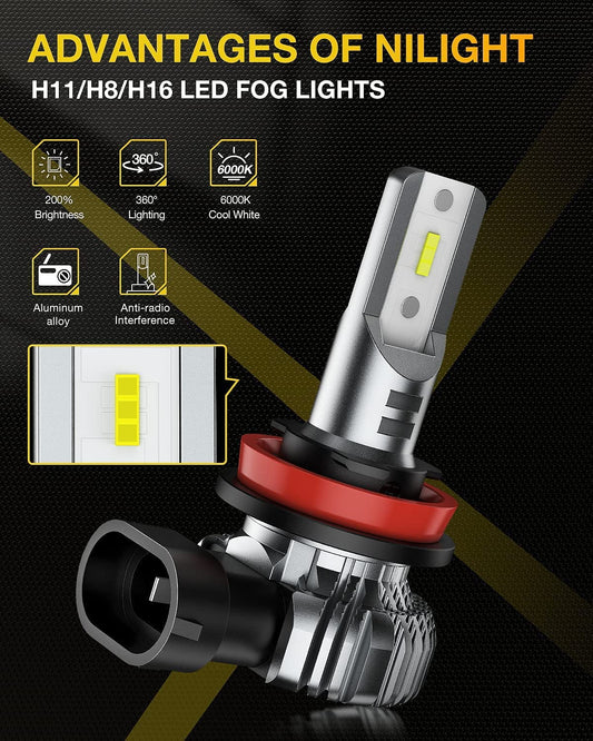 H11/H8/H16 LED Fog Light Bulbs EF1 Series DRL 80W 4000LM 6000K | 2 BULBS Nilight