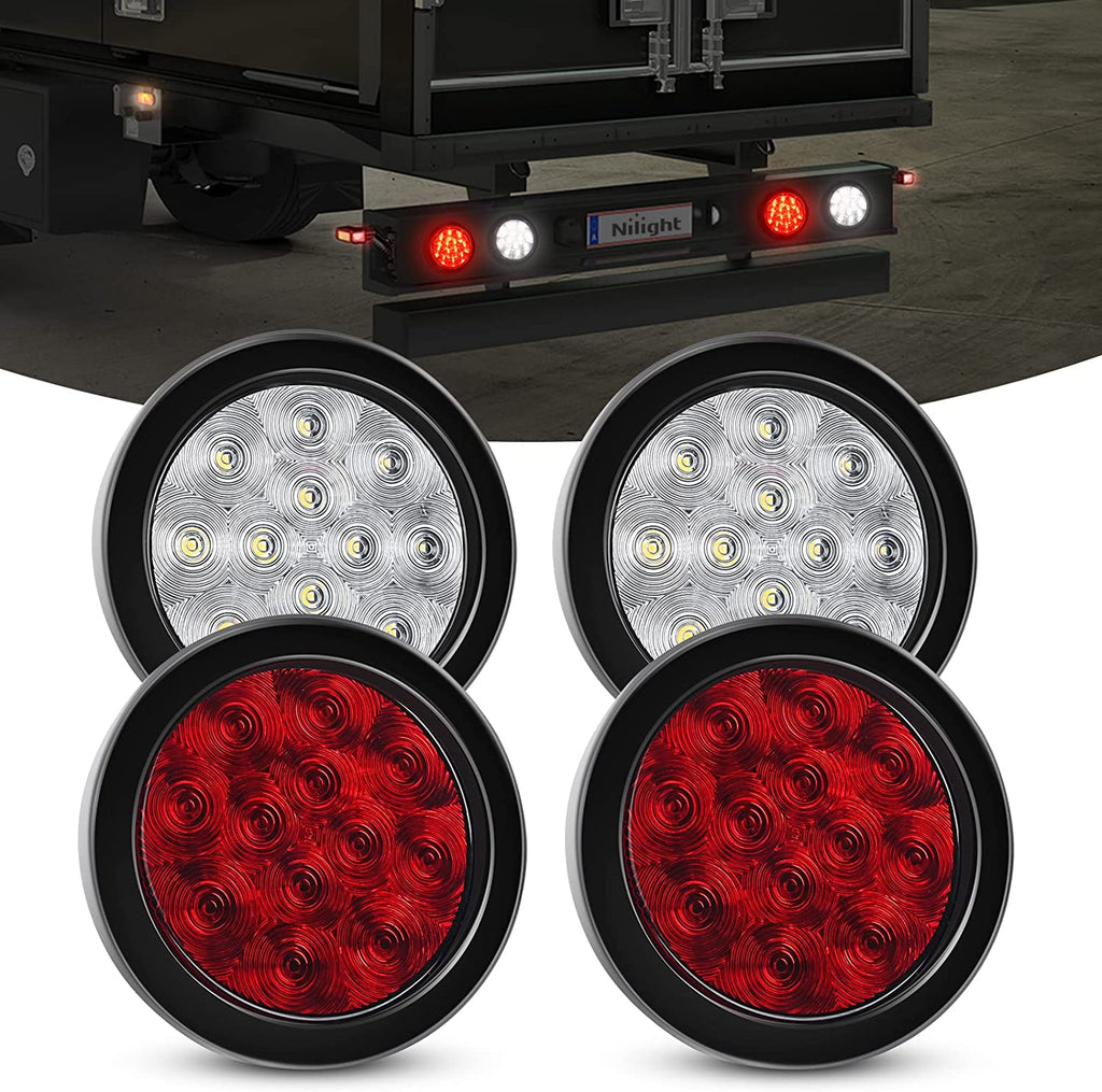 Trailer Light Nilight 4PCS 4” 12LED Round Reverse Brake Turn Tail Lights w/Surface Mount Grommet Plugs IP67 Trailer Tail Lights for Truck Trailer RV (White and Red), 2 Years Warranty