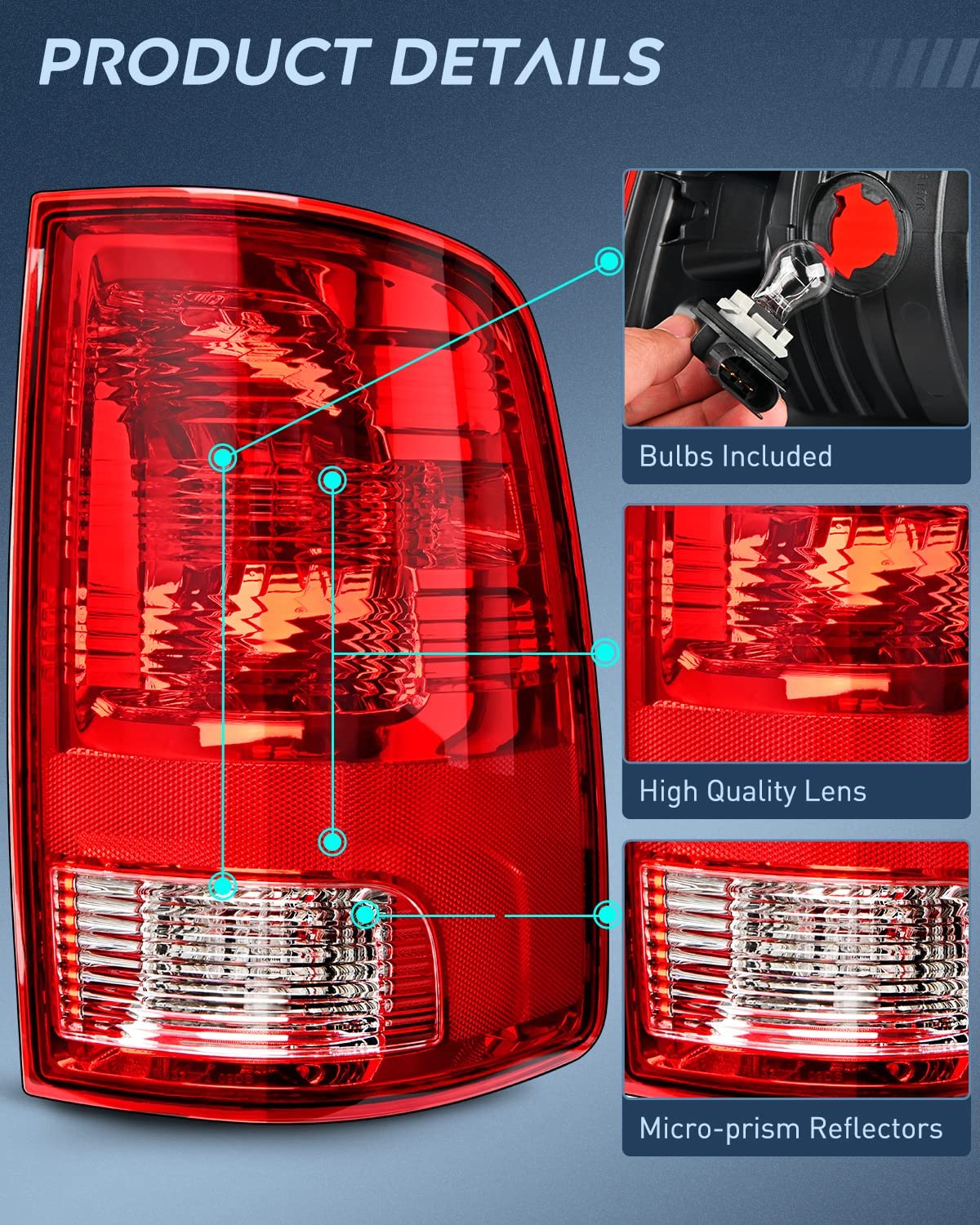 2009-2018 Dodge Ram 1500 2500 3500 Taillight Assembly Rear Lamp Replacement OE Style w/Bulbs Driver Passenger Side Nilight