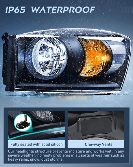 LED Headlight Nilight Headlight Assembly 2006 2007 2008 Ram Black Housing Clear Corner Clear Lens, Driver and Passenger Side, Headlamp Replacement, 2 Pack