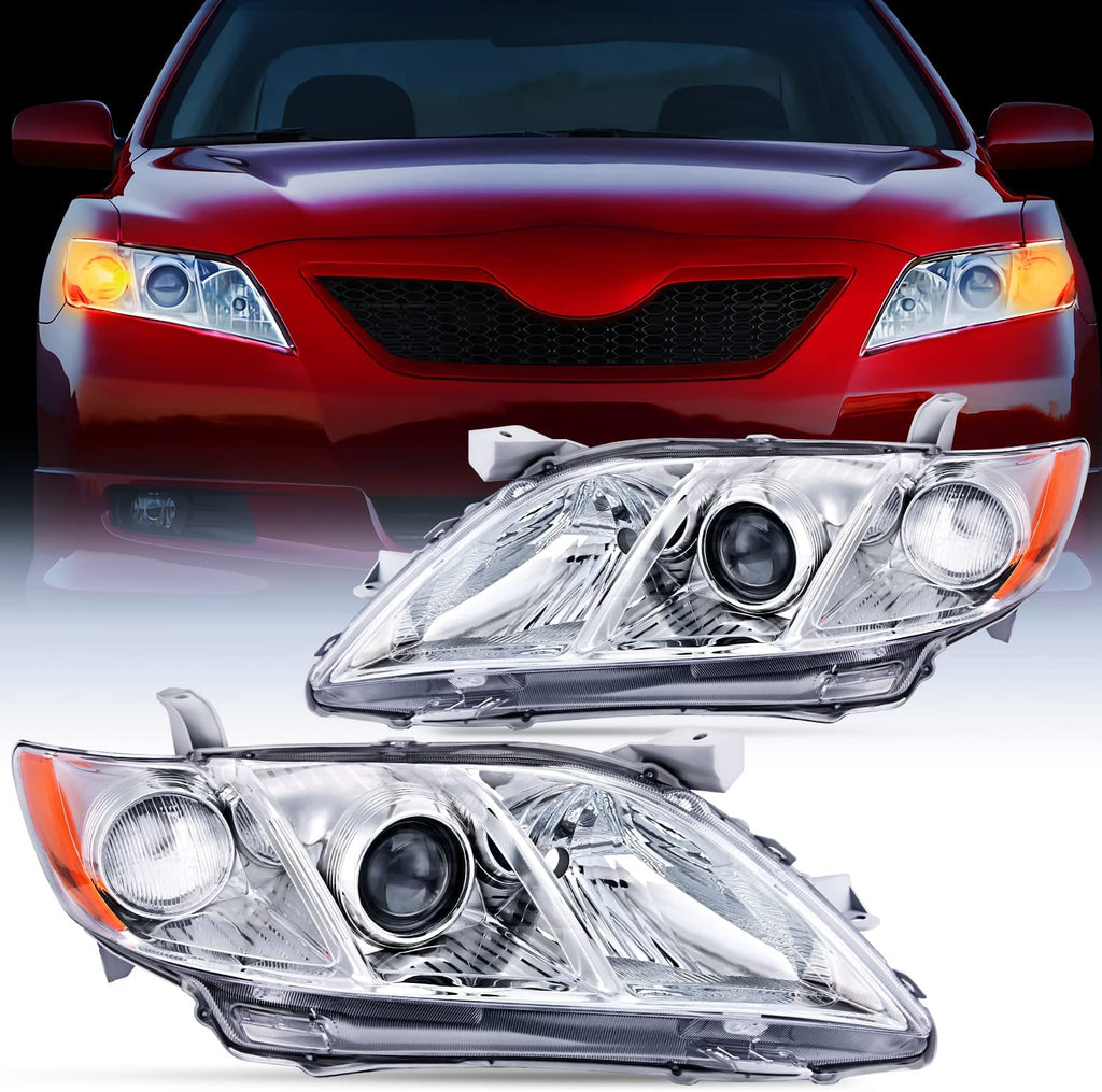 Motor Vehicle Lighting Nilight Headlight Assembly Compatible with 2007 2008 2009 Toyota Camry Headlamps Replacement Chrome Housing Amber Reflector Driver and Passenger Side, 2 Years Warranty