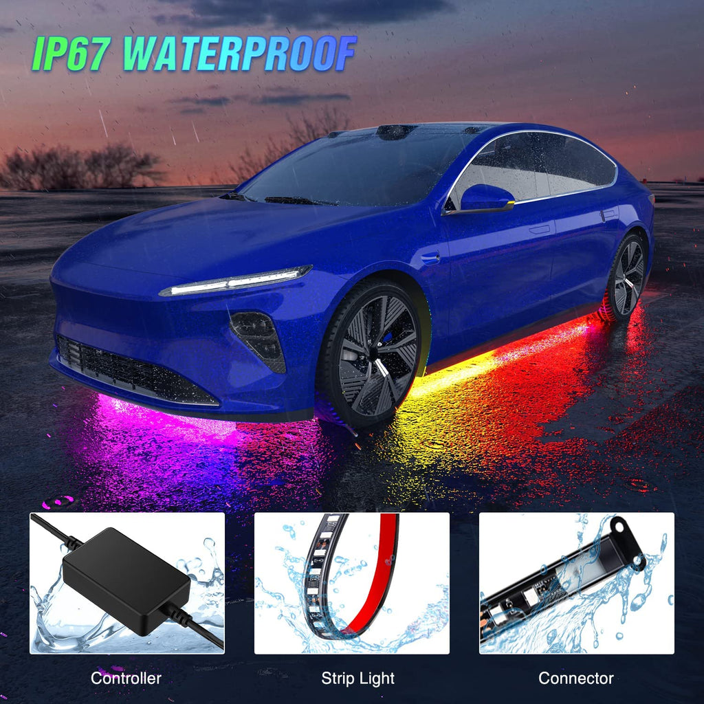 Nilight 4pcs Car Underglow Neon Accent Strip Lights 256 LEDs RGBIC Multi Color DIY Sound Active Function Music Mode with App Control and Remote