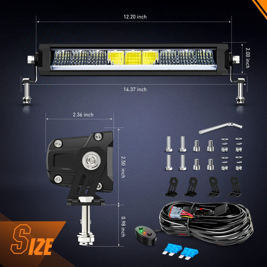 12.2" 45W 4980LM Anti-Glare Slim Spot/Flood LED Light Bar (Pair) | 16AWG DT Wire Nilight