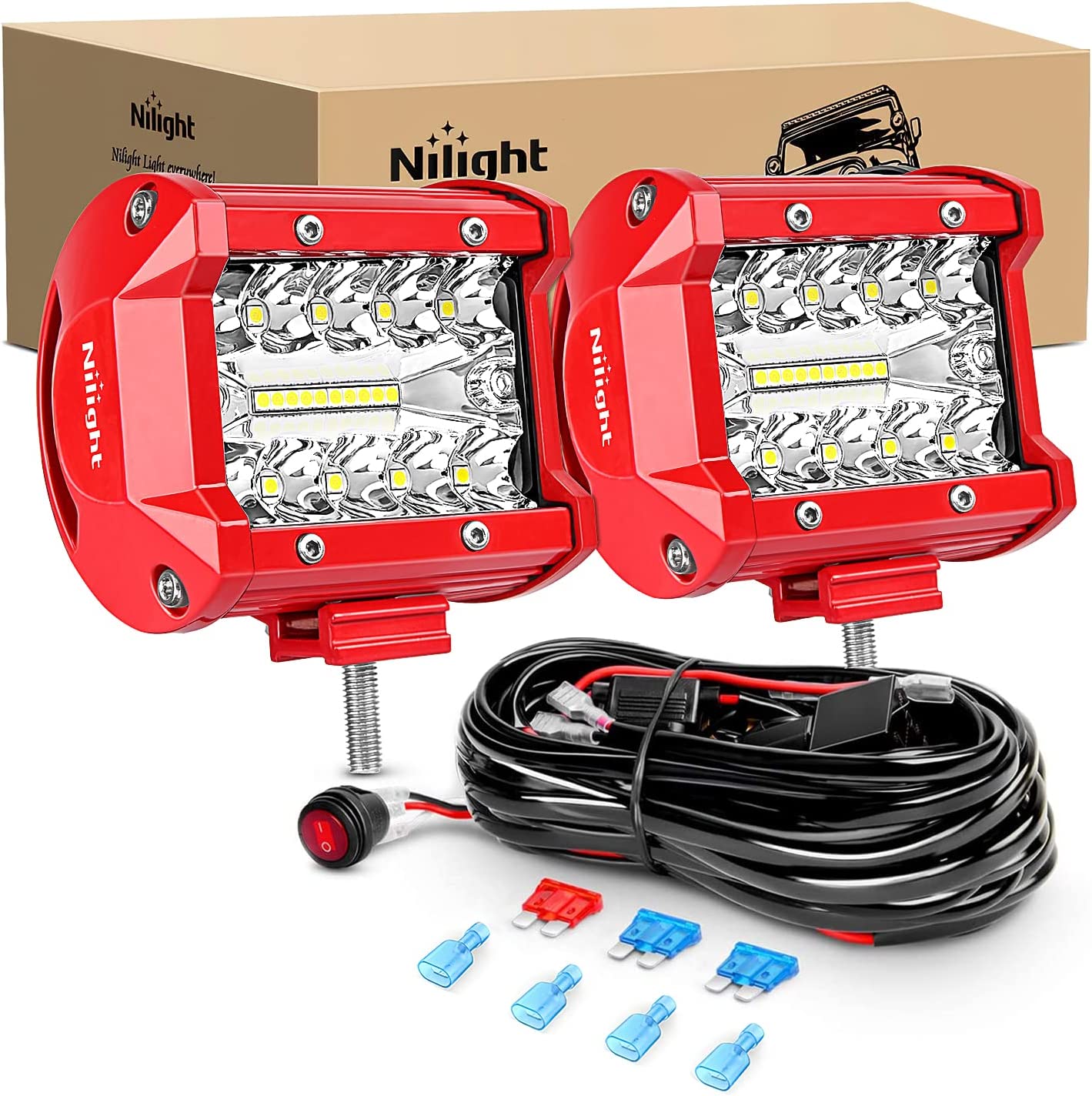 4" 60W Triple Row Red Case Spot/Flood LED Light Bars (Pair) | 16AWG Wire 3Pin Switch Nilight