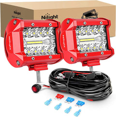 4 Inch 60W Triple Row Red Case Spot Flood LED Light Bars (Pair) | 16AWG Wire 3Pin Switch